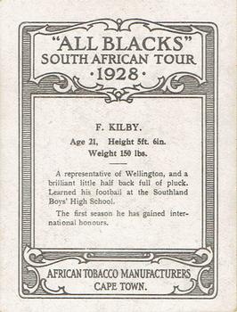 1928 African Tobacco Manufacturers All Blacks South African Tour #NNO Frank Kilby Back